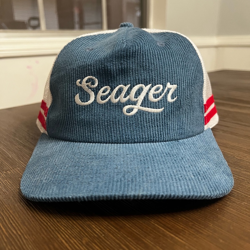 Seager corduroy mesh Hat blue/white with red stripes. Like new condition.